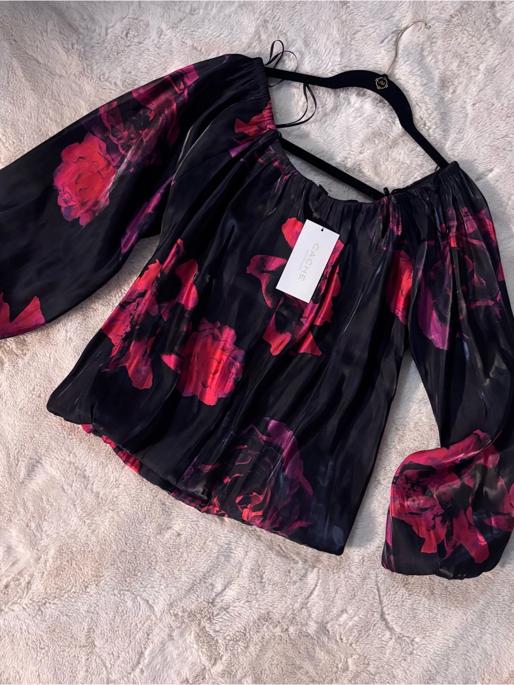 Cache Black Off-Shoulder Blouse with Floral Print